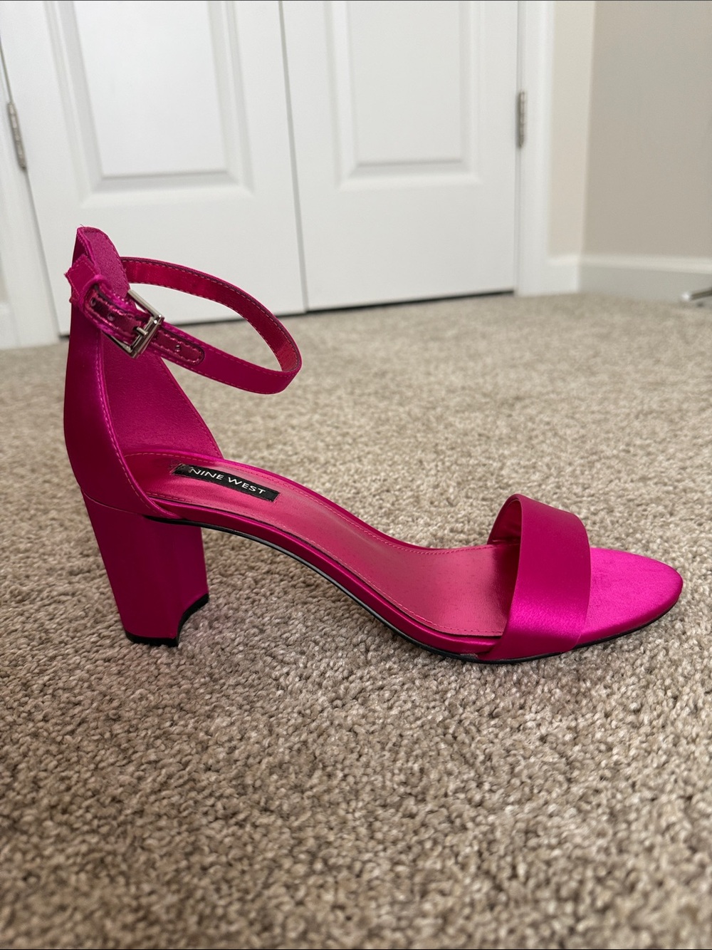 Nine West Hot Pink Satin Ankle-Strap Block Heel